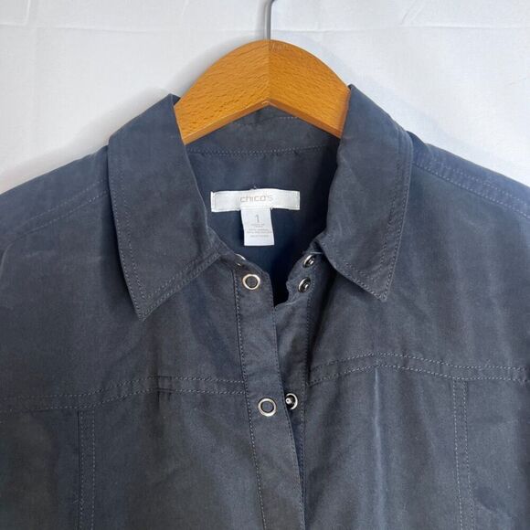 Chicos Black Snap Button Front Roll Cuff Back Cinch Casual Shirt Size 1-Small - Picture 3 of 9